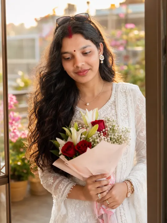 Beautiful Indian Girl Holding Rose Bouquet Prompts